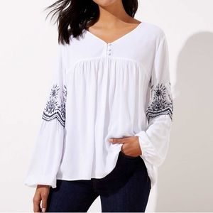 LOFT Boho Embroidered V-Neck Blouse Size Medium